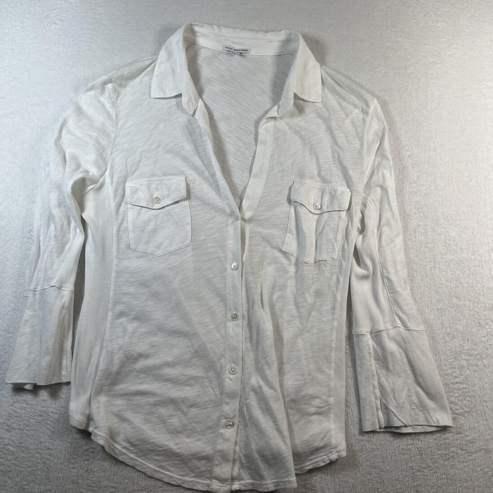 James Perse Shirt Womens 4 White 100% Cotton Jersey Button Front Long Sleeve
